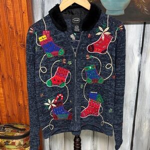 Vintage Designers Originals Blue Christmas Sweater with Embroidered Accents
